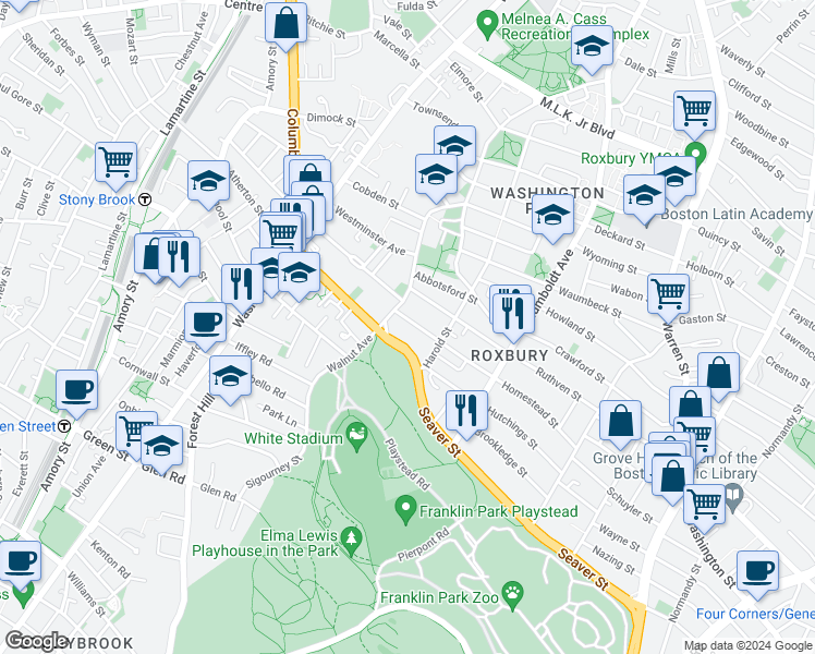 map of restaurants, bars, coffee shops, grocery stores, and more near 15 Homestead Street in Boston