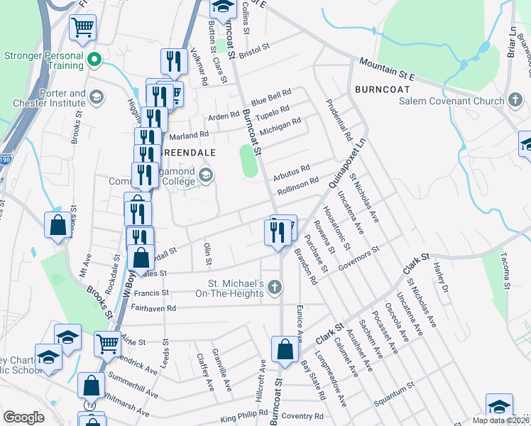 map of restaurants, bars, coffee shops, grocery stores, and more near 145 Randall Street in Worcester