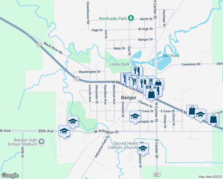 map of restaurants, bars, coffee shops, grocery stores, and more near 415 Morrison Avenue in Bangor