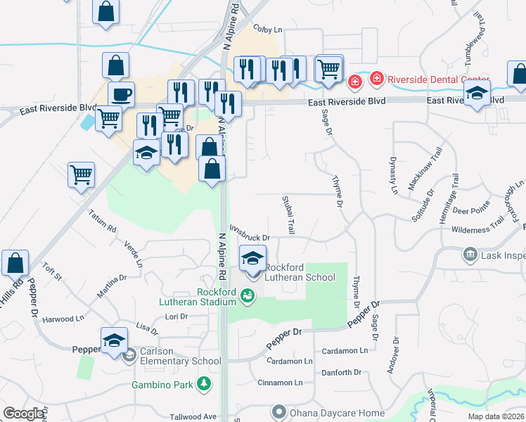 map of restaurants, bars, coffee shops, grocery stores, and more near 3661 Grenoble Court in Rockford