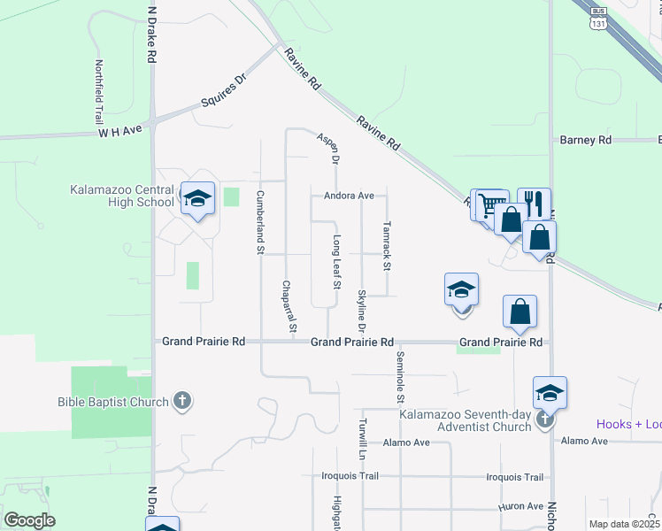 map of restaurants, bars, coffee shops, grocery stores, and more near 2223 Long Leaf Street in Kalamazoo