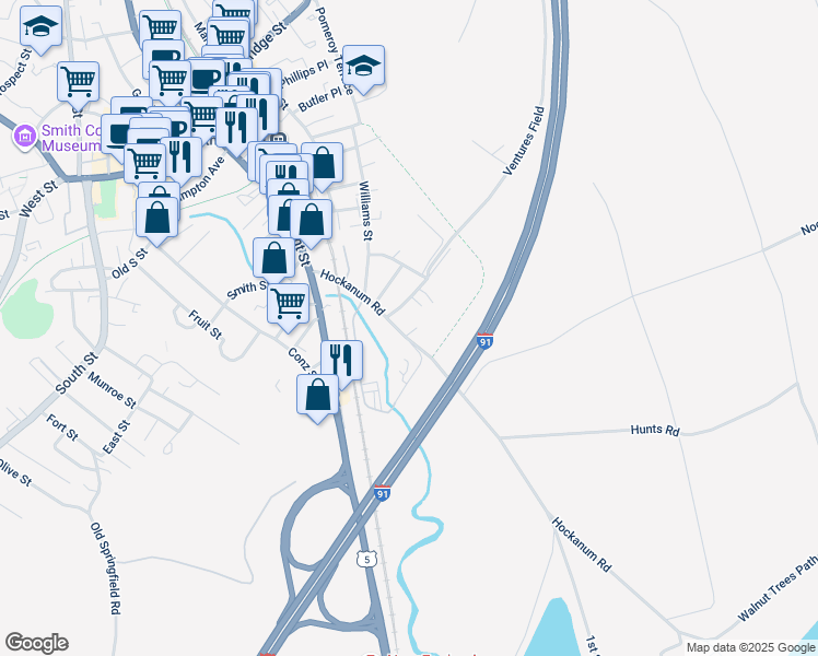 map of restaurants, bars, coffee shops, grocery stores, and more near 88 Hockanum Road in Northampton
