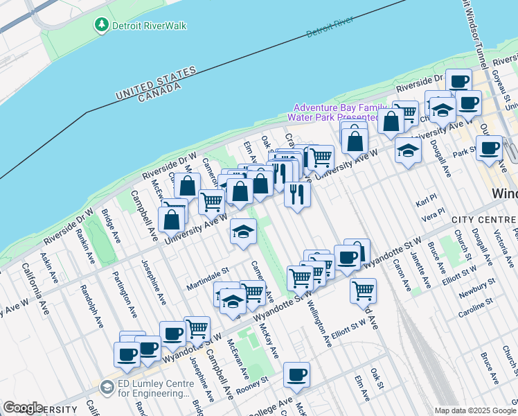 map of restaurants, bars, coffee shops, grocery stores, and more near 1231 University Avenue West in Windsor