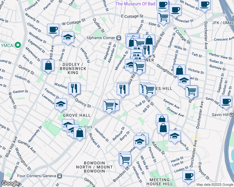 map of restaurants, bars, coffee shops, grocery stores, and more near 460 Columbia Road in Boston