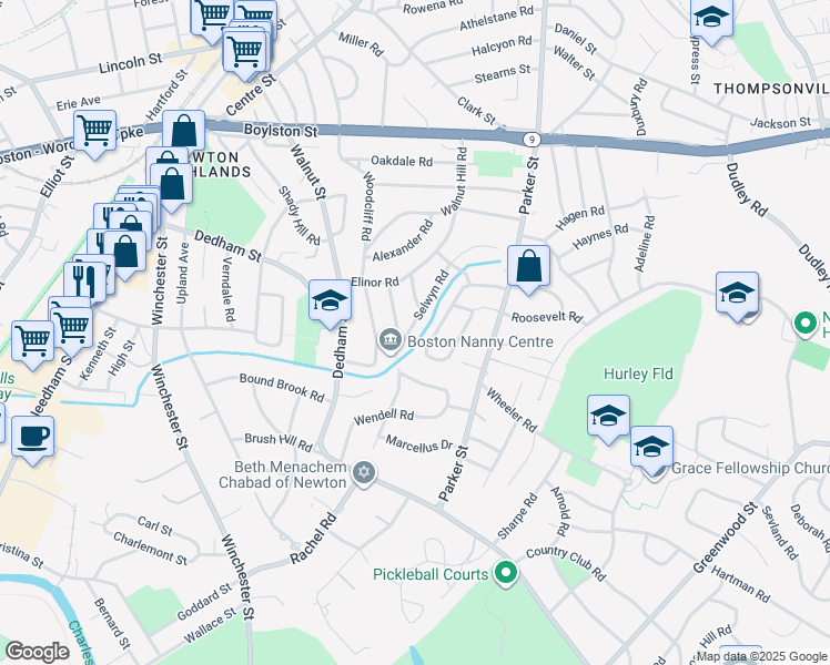 map of restaurants, bars, coffee shops, grocery stores, and more near 106 Selwyn Road in Newton