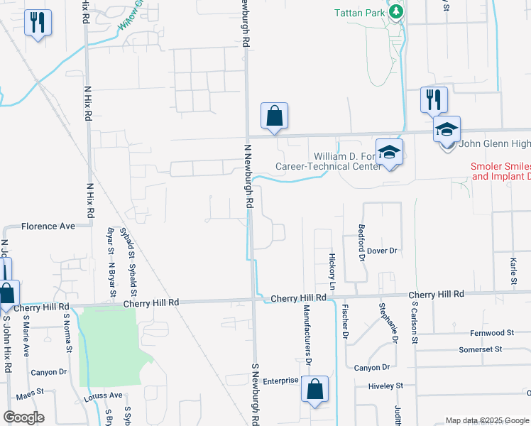 map of restaurants, bars, coffee shops, grocery stores, and more near 601 Ravencrest Lane in Westland