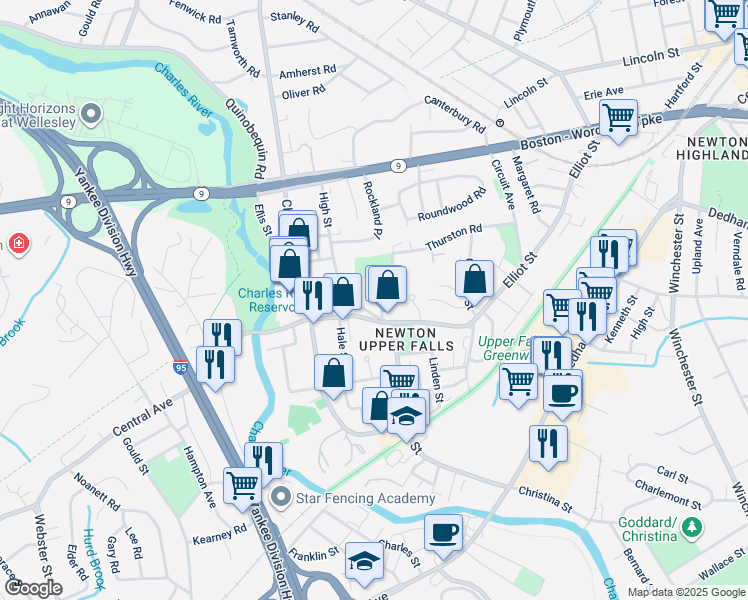 map of restaurants, bars, coffee shops, grocery stores, and more near 48 Pettee Street in Newton
