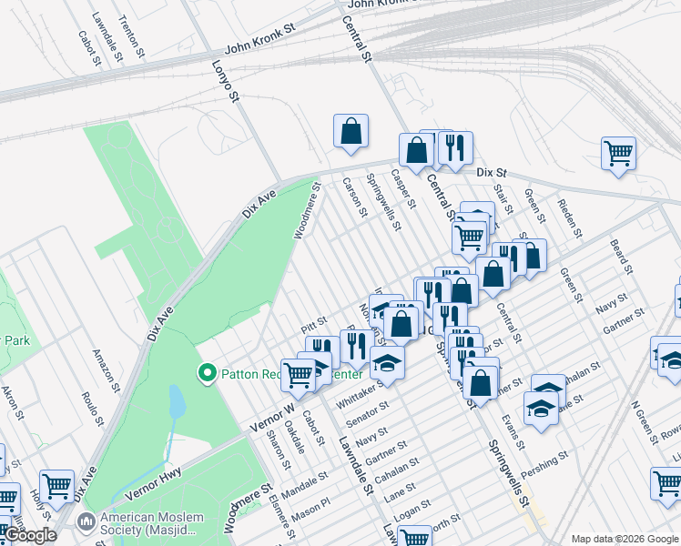 map of restaurants, bars, coffee shops, grocery stores, and more near 2581 Norman Street in Detroit