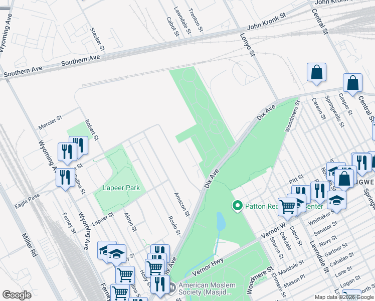 map of restaurants, bars, coffee shops, grocery stores, and more near 2965 Western Street in Detroit