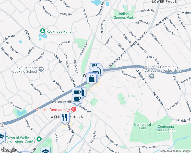 map of restaurants, bars, coffee shops, grocery stores, and more near 263 Washington Street in Wellesley