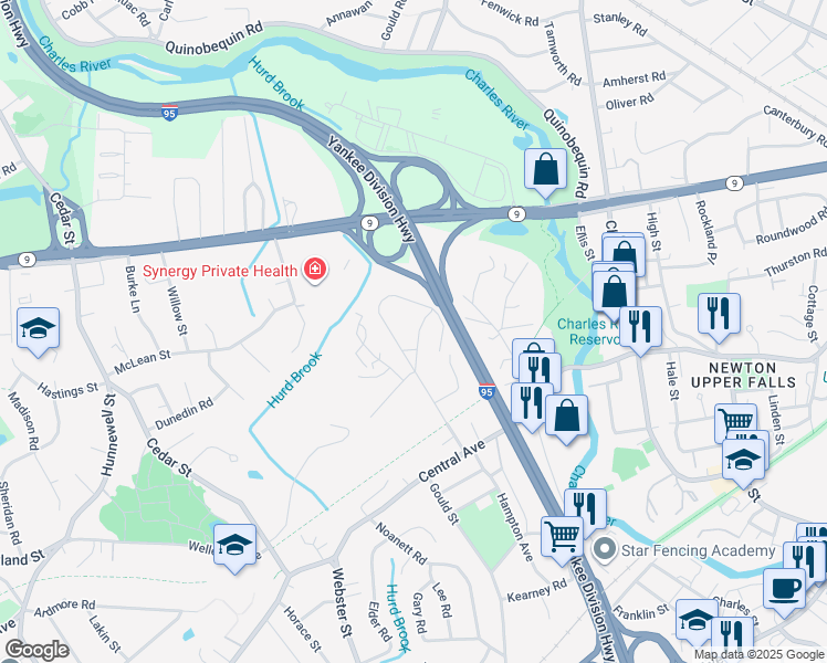 map of restaurants, bars, coffee shops, grocery stores, and more near 27 Sherman Street in Needham