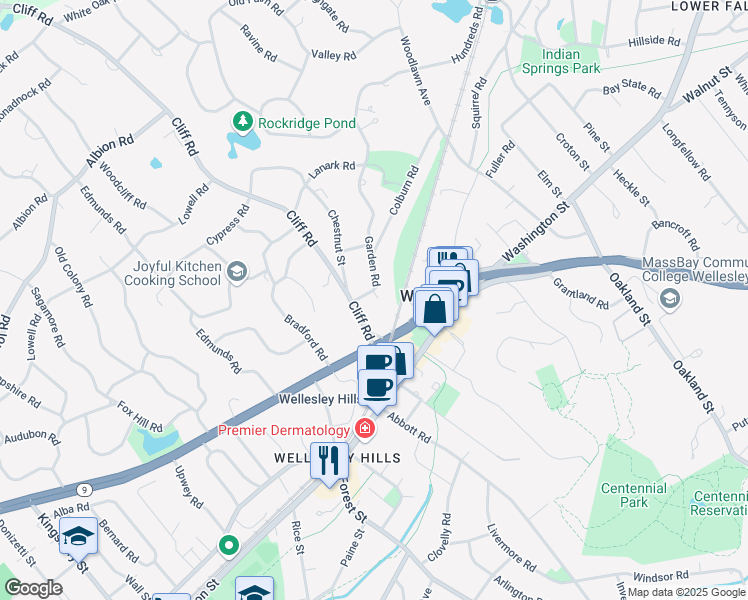 map of restaurants, bars, coffee shops, grocery stores, and more near 5 Garden Road in Wellesley