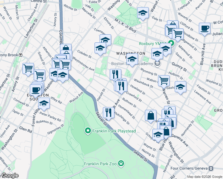 map of restaurants, bars, coffee shops, grocery stores, and more near 78 Ruthven Street in Boston