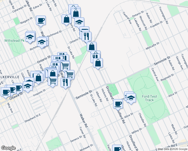 map of restaurants, bars, coffee shops, grocery stores, and more near 1411 Hickory Road in Windsor