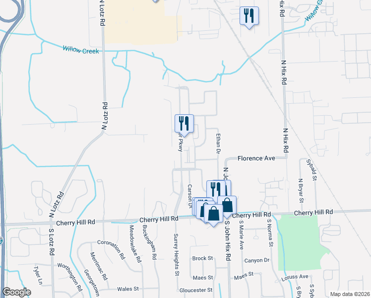 map of restaurants, bars, coffee shops, grocery stores, and more near 694 Superior Parkway in Westland