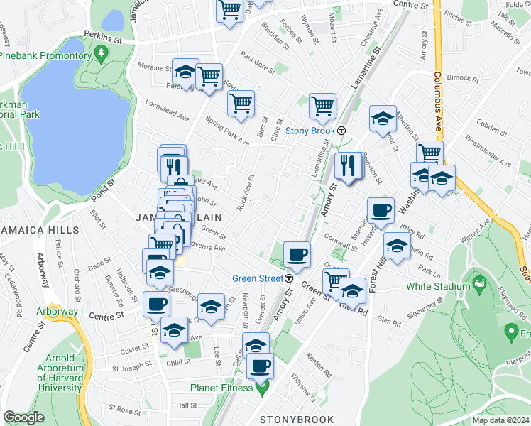 map of restaurants, bars, coffee shops, grocery stores, and more near Chestnut Ave & Biltmore St in Boston