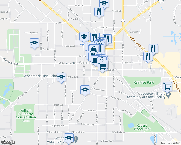 map of restaurants, bars, coffee shops, grocery stores, and more near 208 South Throop Street in Woodstock