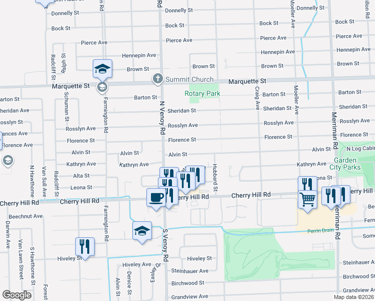 map of restaurants, bars, coffee shops, grocery stores, and more near 32634 Alvin Street in Garden City