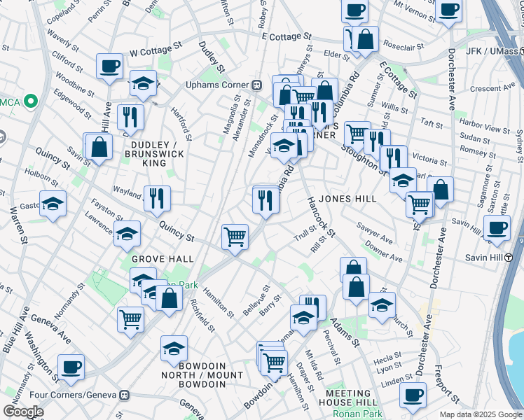 map of restaurants, bars, coffee shops, grocery stores, and more near 460 Columbia Road in Boston