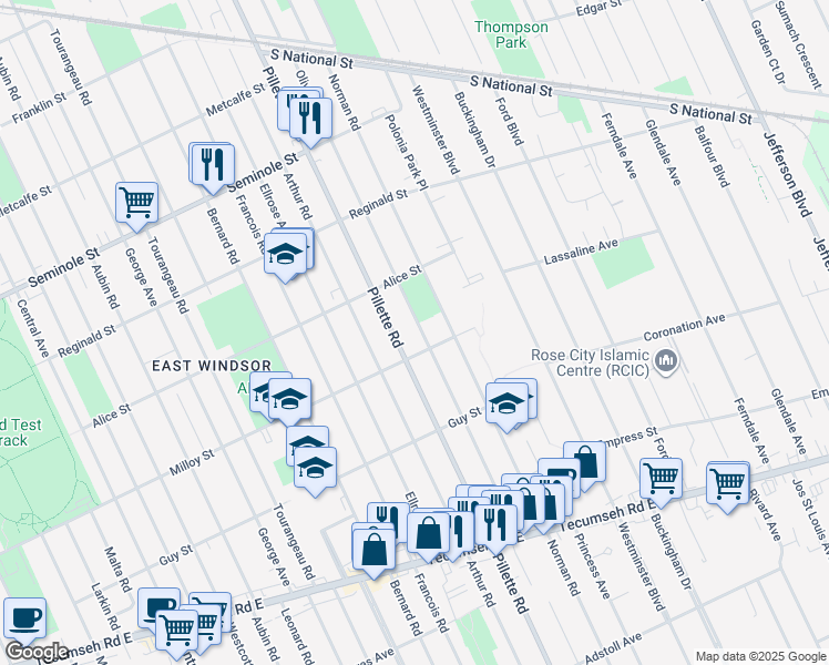 map of restaurants, bars, coffee shops, grocery stores, and more near 1773 Olive Road in Windsor
