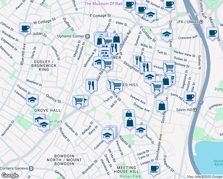 map of restaurants, bars, coffee shops, grocery stores, and more near 65 Hancock Street in Boston