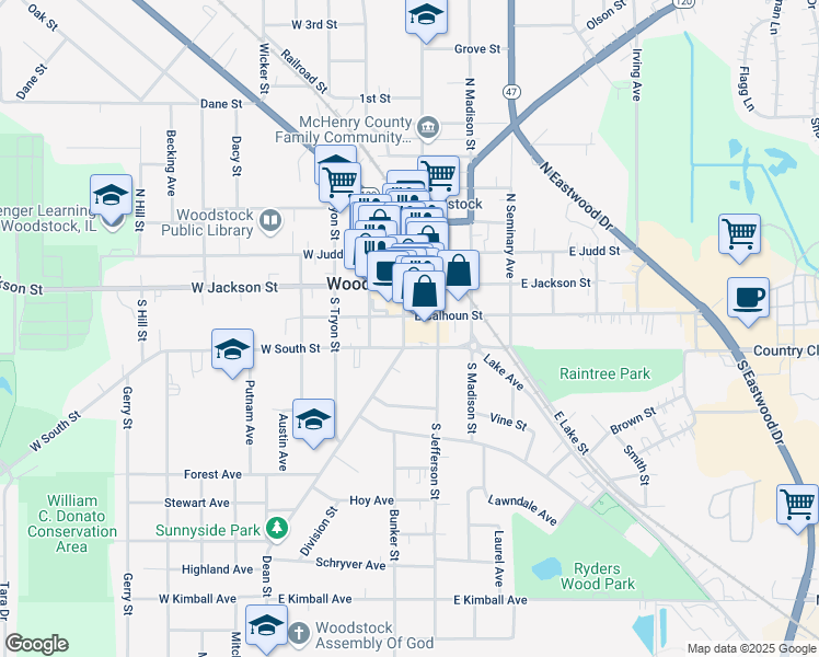map of restaurants, bars, coffee shops, grocery stores, and more near 205 Dean Street in Woodstock