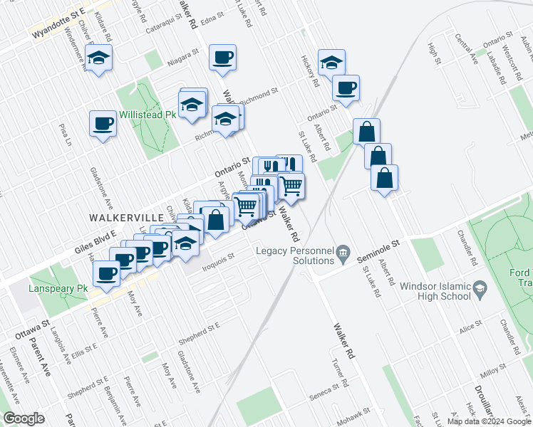 map of restaurants, bars, coffee shops, grocery stores, and more near 1296 Monmouth Road in Windsor