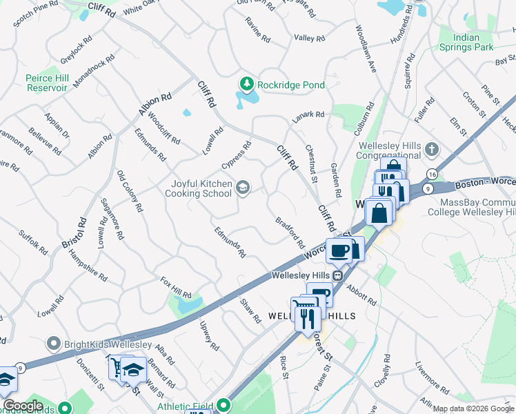 map of restaurants, bars, coffee shops, grocery stores, and more near 41 Bradford Road in Wellesley