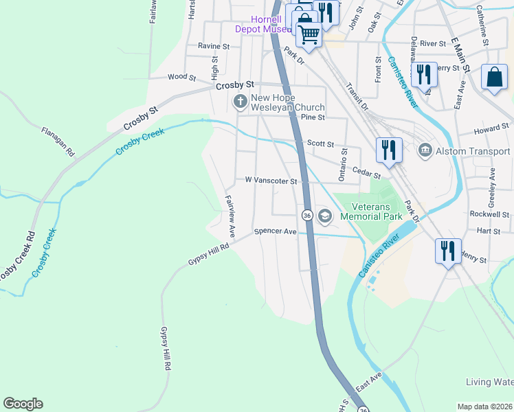 map of restaurants, bars, coffee shops, grocery stores, and more near 426 South Division Street in Hornell
