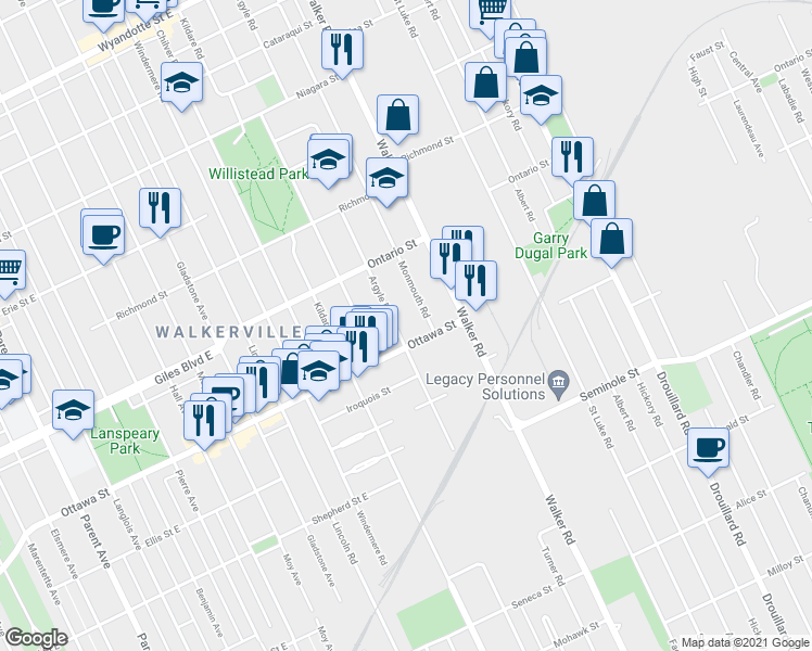 map of restaurants, bars, coffee shops, grocery stores, and more near 1278 Argyle Road in Windsor