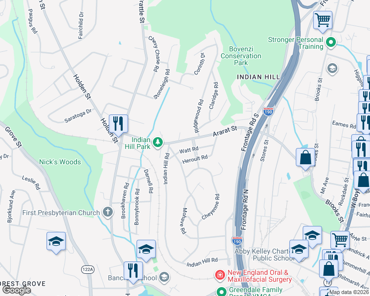 map of restaurants, bars, coffee shops, grocery stores, and more near 8 Westinghouse Parkway in Worcester