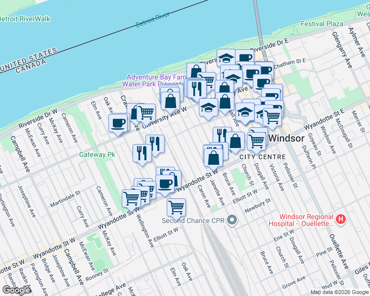 map of restaurants, bars, coffee shops, grocery stores, and more near 460 Caron Avenue in Windsor