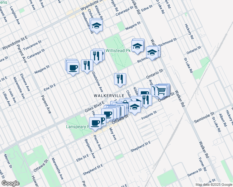map of restaurants, bars, coffee shops, grocery stores, and more near 1647 Ontario Street in Windsor