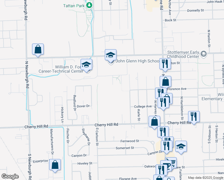 map of restaurants, bars, coffee shops, grocery stores, and more near 36105 Marquette Street in Westland