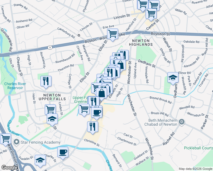 map of restaurants, bars, coffee shops, grocery stores, and more near 131 Needham Street in Newton