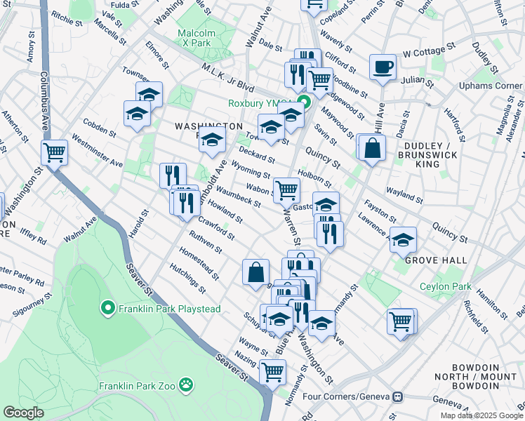 map of restaurants, bars, coffee shops, grocery stores, and more near 16 Waumbeck Street in Boston