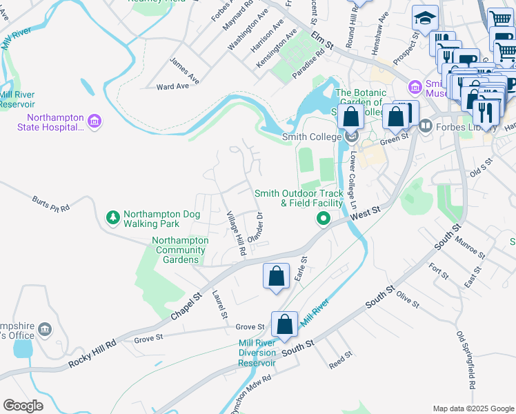 map of restaurants, bars, coffee shops, grocery stores, and more near 79 Olander Drive in Northampton