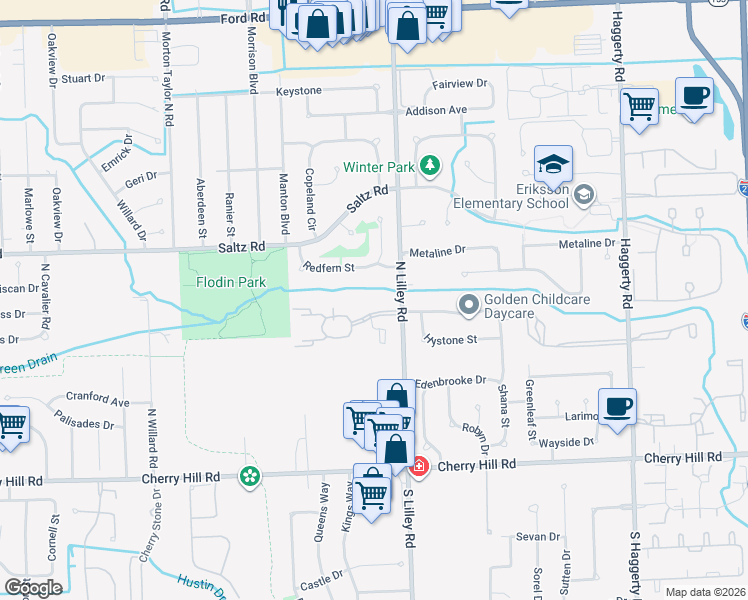 map of restaurants, bars, coffee shops, grocery stores, and more near 42601 Lilley Pointe Drive in Canton