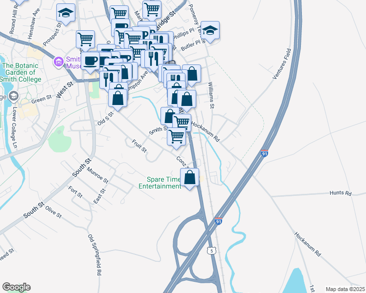 map of restaurants, bars, coffee shops, grocery stores, and more near 14 Wright Ave in Northampton