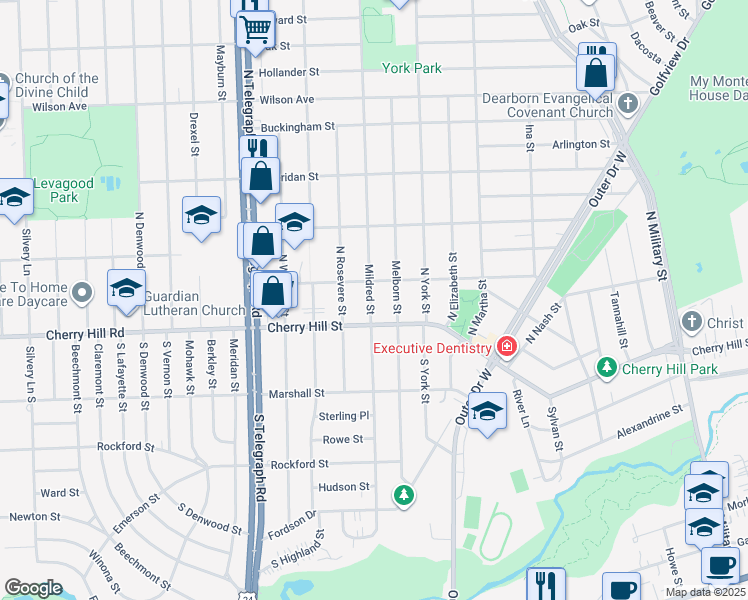 map of restaurants, bars, coffee shops, grocery stores, and more near 206 Mildred Street in Dearborn