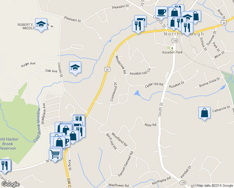 map of restaurants, bars, coffee shops, grocery stores, and more near 101 Cedar Hill Road in Northborough