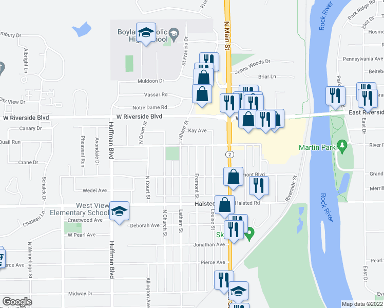 map of restaurants, bars, coffee shops, grocery stores, and more near 3546 Fremont Street in Rockford