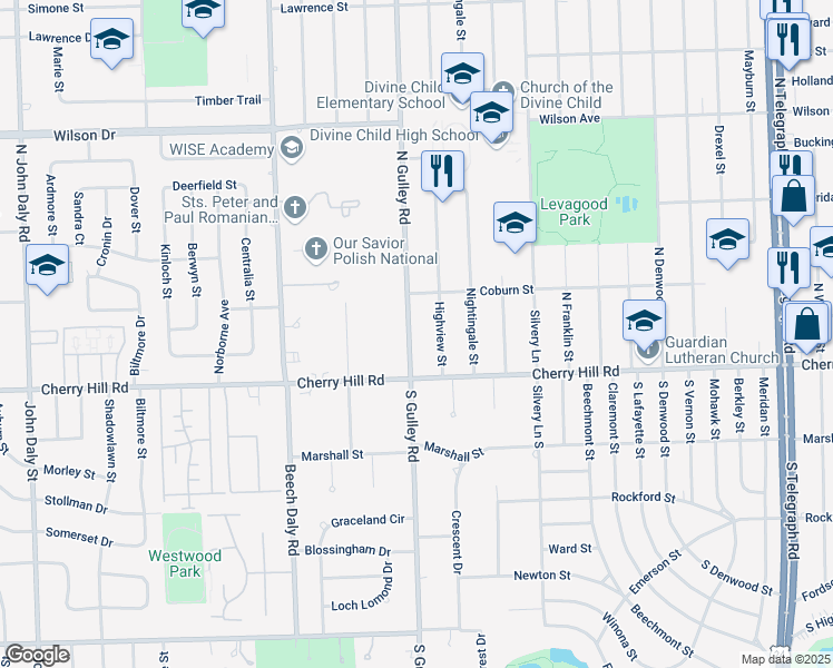 map of restaurants, bars, coffee shops, grocery stores, and more near 230 North Gulley Road in Dearborn