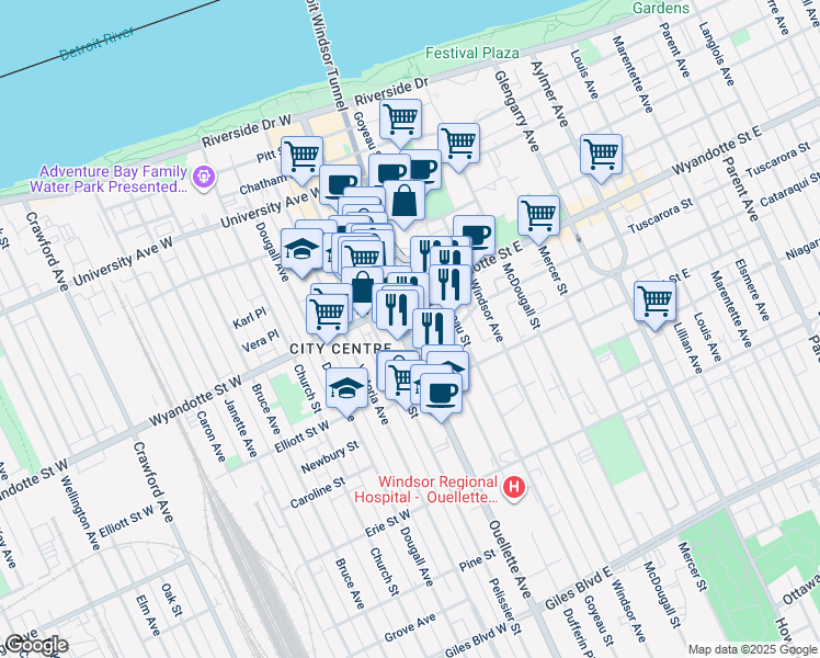 map of restaurants, bars, coffee shops, grocery stores, and more near 660 Ouellette Avenue in Windsor