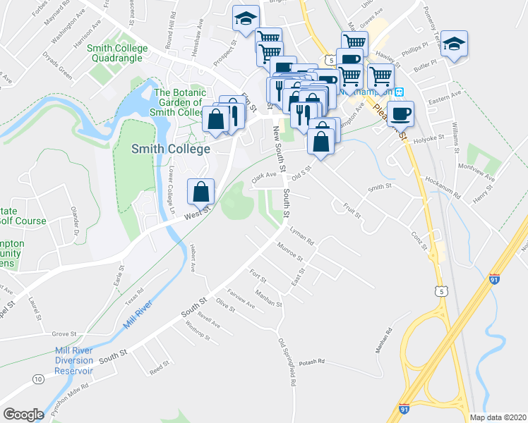 map of restaurants, bars, coffee shops, grocery stores, and more near 28 Fort Hill Terrace in Northampton