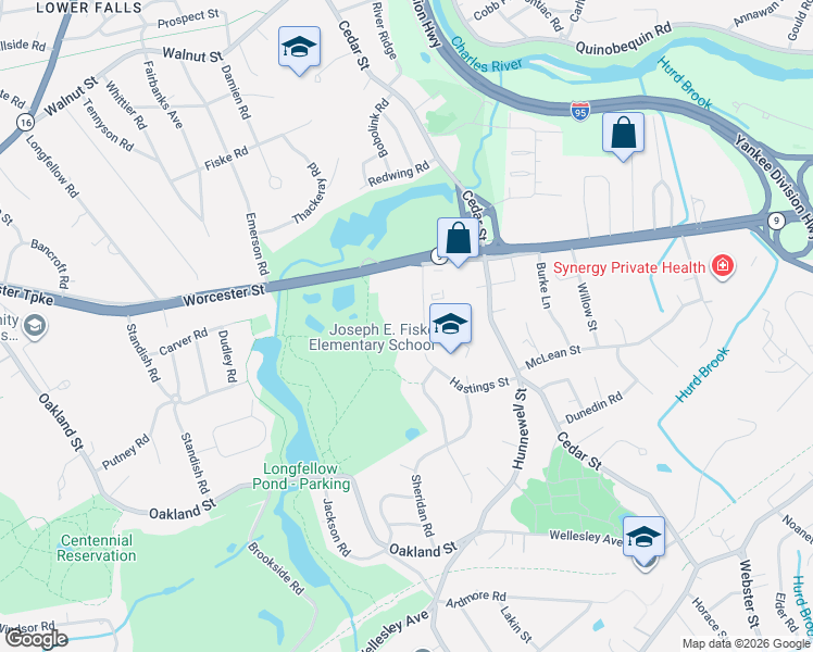 map of restaurants, bars, coffee shops, grocery stores, and more near 60 Hastings Street in Wellesley