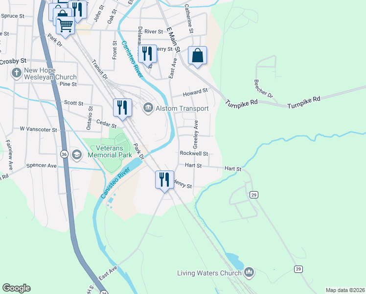 map of restaurants, bars, coffee shops, grocery stores, and more near 196 East Avenue in Hornell