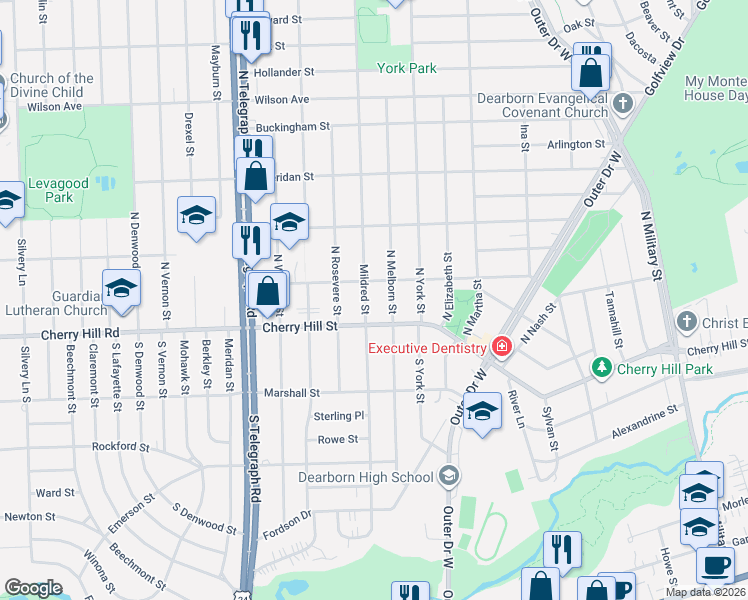 map of restaurants, bars, coffee shops, grocery stores, and more near 206 Mildred Street in Dearborn