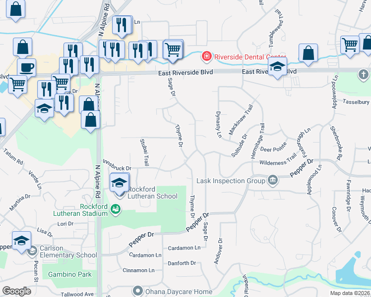 map of restaurants, bars, coffee shops, grocery stores, and more near 3633 Thyme Drive in Rockford