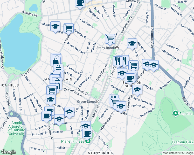 map of restaurants, bars, coffee shops, grocery stores, and more near 281 Lamartine Street in Boston